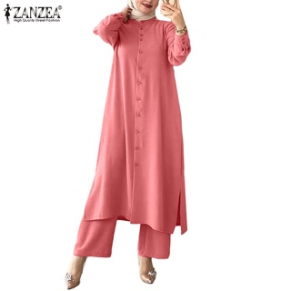 Zanzea 女士穆斯林時尚排扣長襯衫和休閒闊腿鬆緊腰褲純色套裝