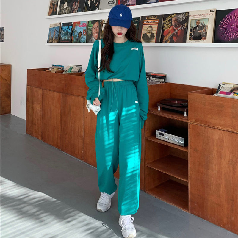 运动女生青春服装 原宿港風女裝短款抽繩湖藍色衛衣套裝女春秋運動服韓系少女兩件套 6月10日發完 蝦皮購物