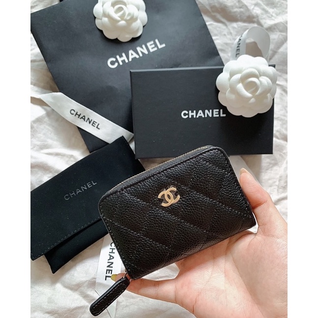 Chanel 香奈兒 黑金 黑色 金釦 荔枝 魚子醬 牛皮 ㄇ字拉鍊零錢包 三層卡夾 卡包 新款小費袋（AP0216）