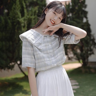 格子娃娃領短袖襯衫女夏季新款港風甜美蕾絲邊翻領薄款上衣
