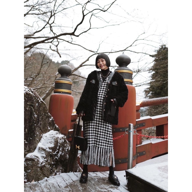 全新現貨！琥珀太太款超美日本冬季千鳥格流蘇洋裝
