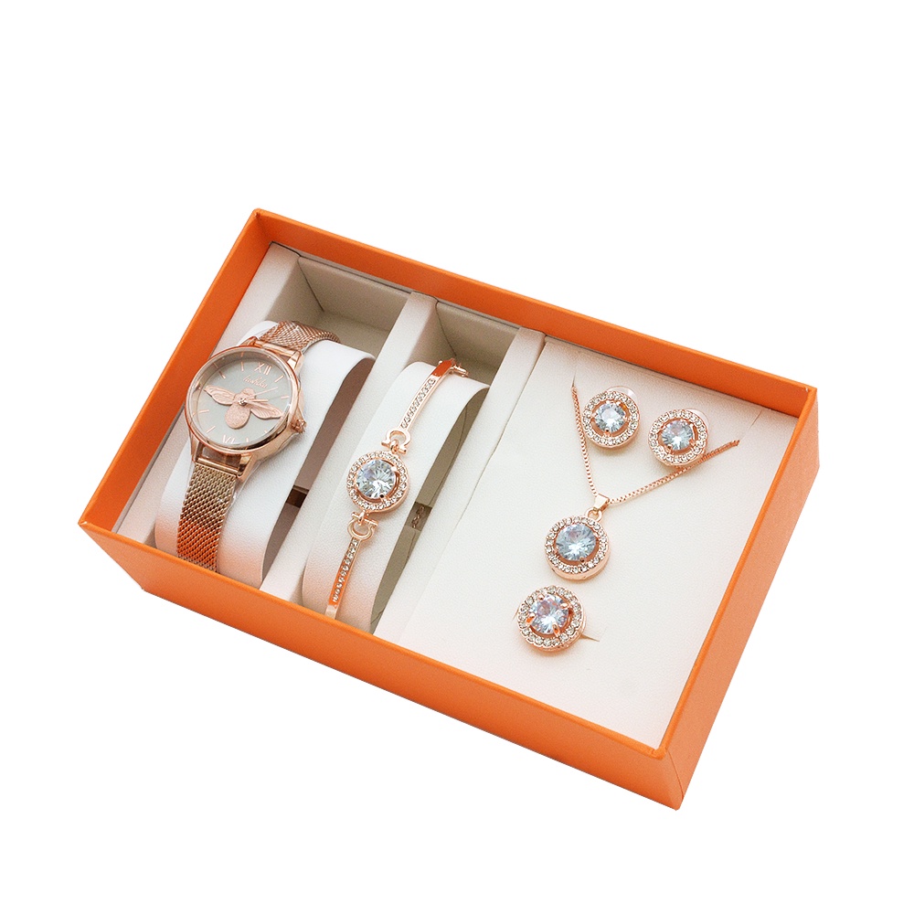 LUSHIKA 計師品牌手錶 - 3D蜜蜂浮雕x玫瑰金米蘭腕錶 女錶+飾品禮盒套組-綠LSK016