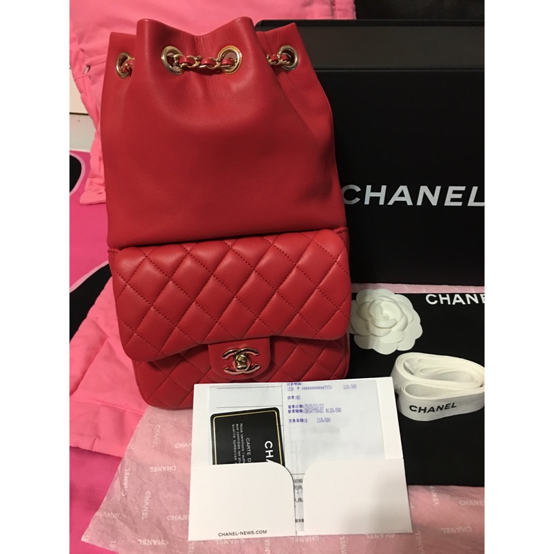 保證真品 全新 Chanel  backpack 經典款 紅色菱格紋小羊皮 金色鏈帶 束口後背包 全配晶華購證 正本