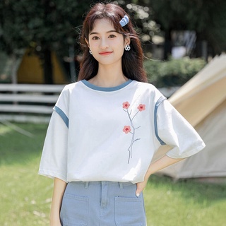 夏季新款寬鬆純棉花朵短袖白t恤女韓版拼色刺繡百搭上衣女潮