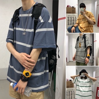 【宅男屋】韓版條紋撞色 短袖t恤男 夏季ins潮牌 港風五分袖 原宿風簡約百搭圓領半袖 情侶短袖上衣 短t KPT690