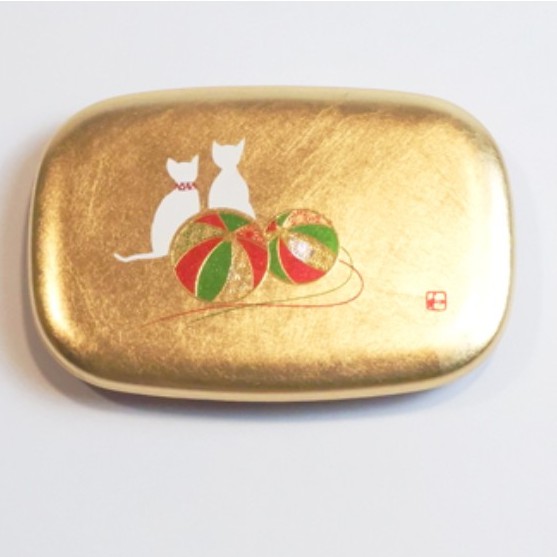 日本 金箔漆器 可愛 依偎小白貓 手鏡（小判）