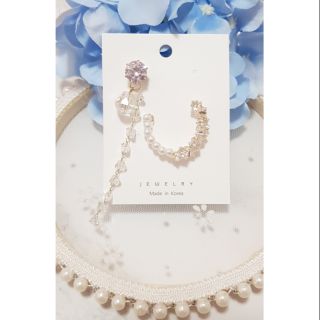 正韓 韓國耳環 Jewelry 不對稱水晶珍珠垂墜耳環 (Yellow band 同款)