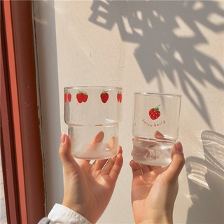 日韓ins奶油草莓玻璃杯 可愛透明玻璃杯 牛奶杯 卡通超卡哇伊少女心咖啡早餐杯 奶茶杯 學生日系水杯