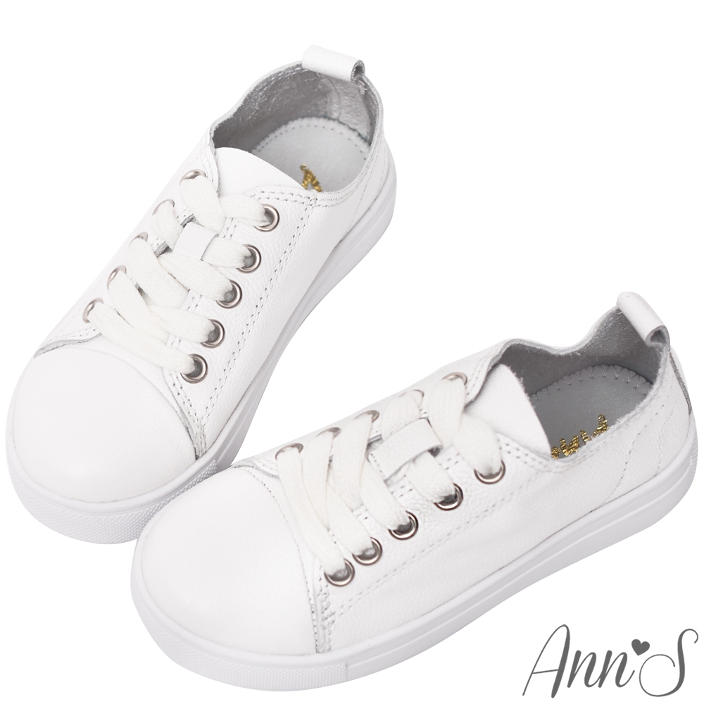 Ann’S親子系列-超軟頂級全牛皮綁帶兒童小白鞋