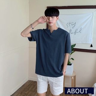 【ABOUT_歐巴】寬鬆V領純棉短袖T恤 韓 短袖上衣 簡約 百搭 夏季 男