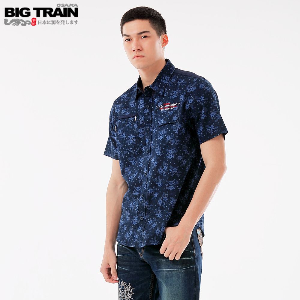 BIG TRAIN 和風印花短袖襯衫-藍