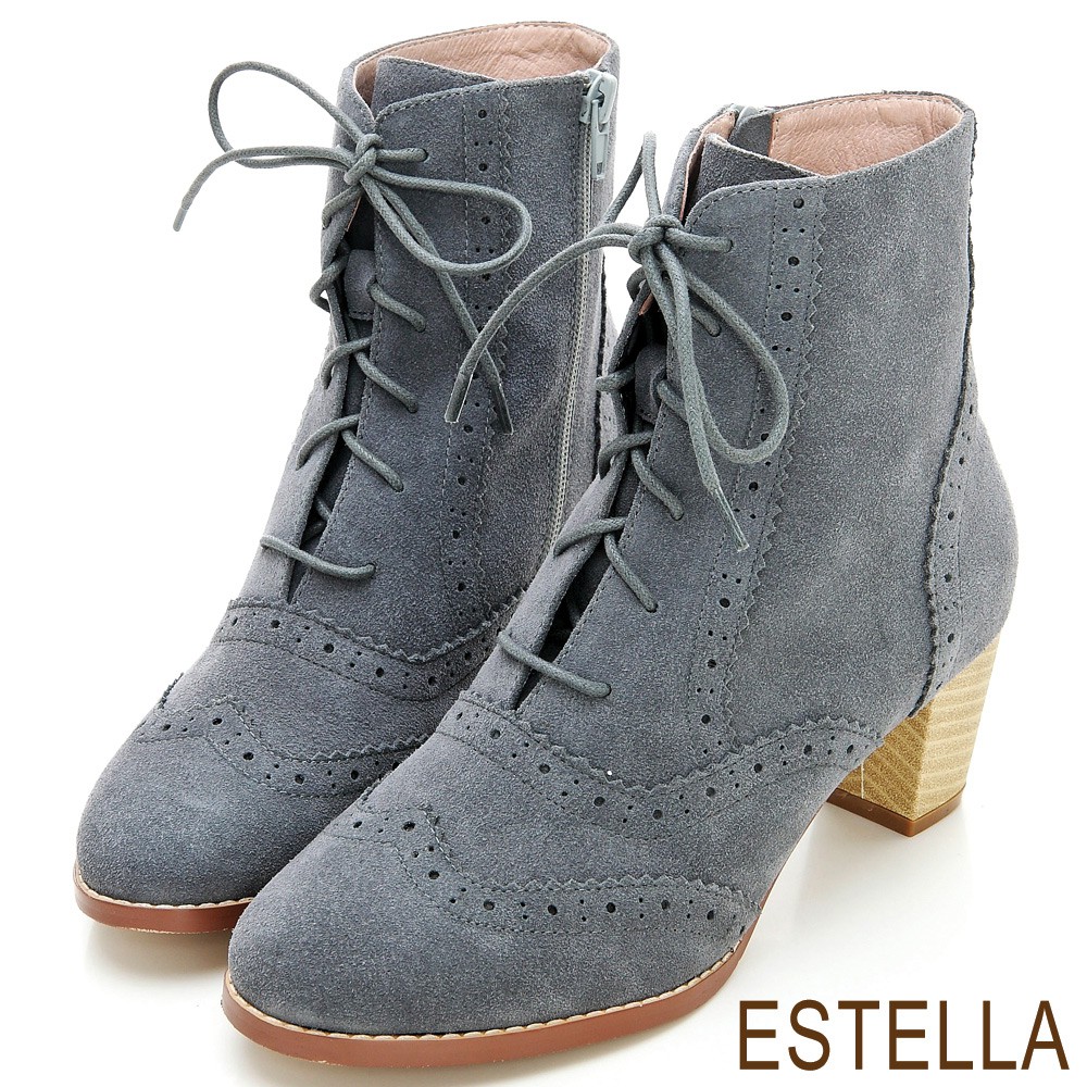 ESTELLA-全真皮雕花牛津粗跟短靴-灰