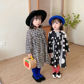 現貨出清韓版兒童秋冬薄款北歐時髦幾何長袖連身裙女童時尚連身洋裝兒童長袖裙子