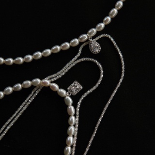 [銅．項鍊] 珍珠項鍊 + 冰滴雪花鍊 | 鎖骨鍊 | 淡水珍珠+銅鍍銀 | 韓國飾品 【HU061】