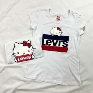 衝評 女大童 Levis + Hello Kitty 品牌 白色 短袖 圓領 短T 上衣 T恤 童裝 #7576
