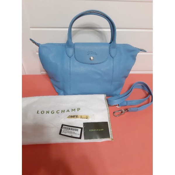 Longchamp Pliage Cuir 小羊皮 手提包 肩背包 斜背包 真品 天空藍 二手 95新