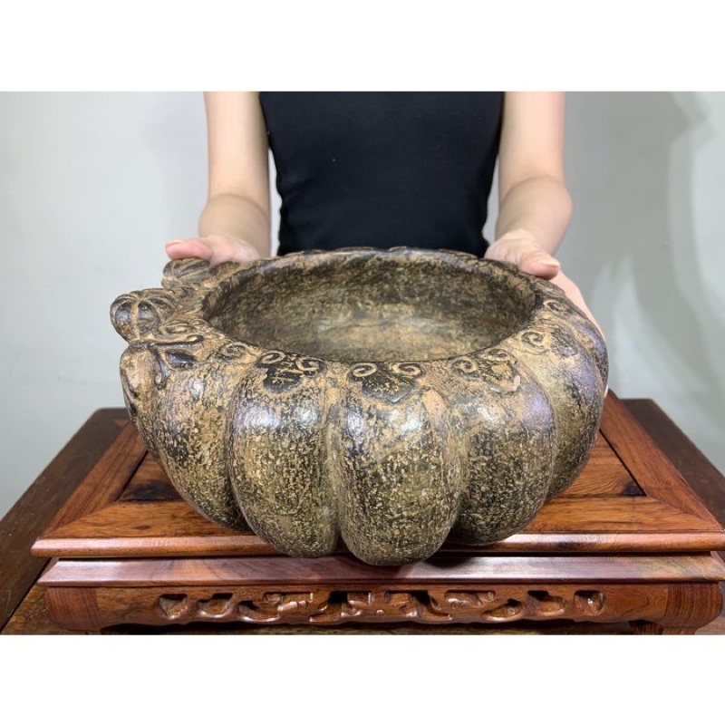 阿一藝品 澄泥【南瓜盆】石盆 石缽 花盆 筆洗 茶洗 杯洗 擺件裝飾 園藝品 文房四寶 造景R61