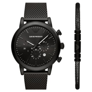 EMPORIO ARMANI 亞曼尼 AR80041 黑鋼簡約經典套組腕錶/黑 43mm