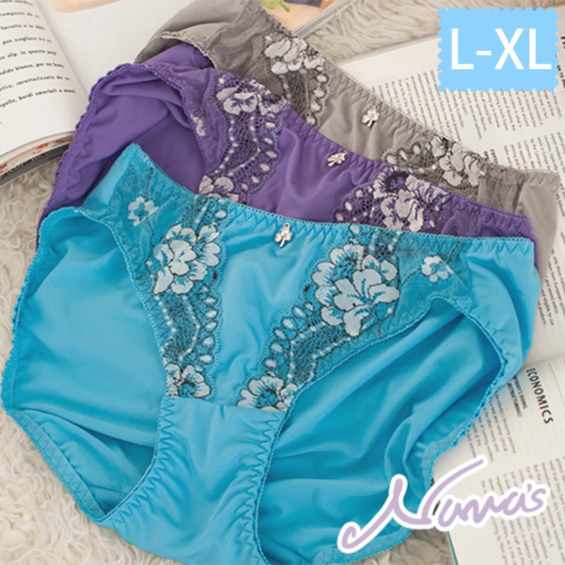 【露娜斯Nunas】浪漫香頌 彈力柔順刺繡蕾絲 M L XL 三角內褲 P9853 藍 粉 灰 紫