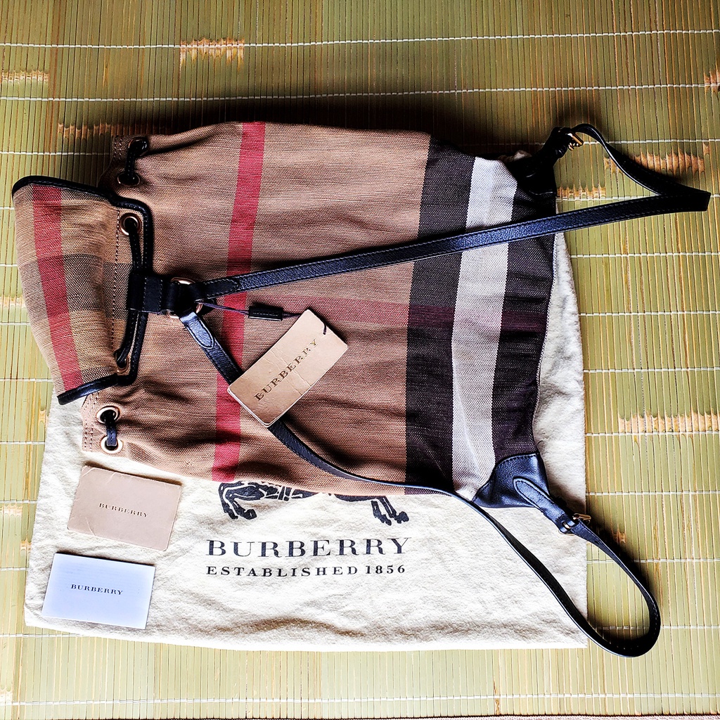 英國精品 BURBERRY 經典格紋 帆布格子 束口後背包