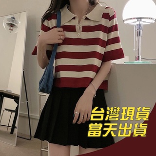 Polo衫短袖t恤女上衣夏季遮肉復古高腰冰絲針織短款上衣