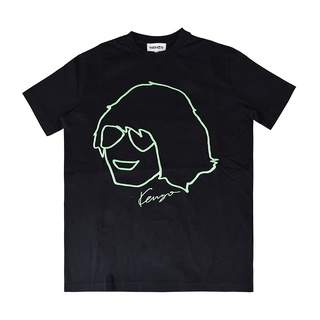 KENZO 草寫刺繡LOGO創辦人造型設計純棉男士寬鬆短袖T恤(黑x螢光綠)
