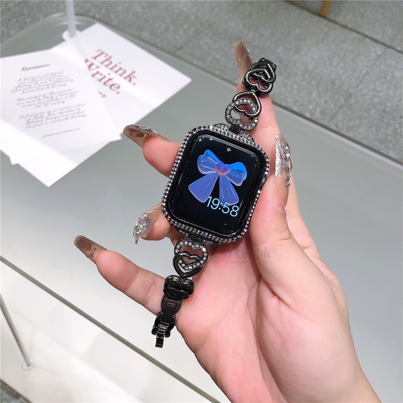 金屬鑲鑽愛心錶帶 適用 apple watch 蘋果錶帶 iwatch SE 1-9代通用 男女生精緻閃耀新品小眾腕帶