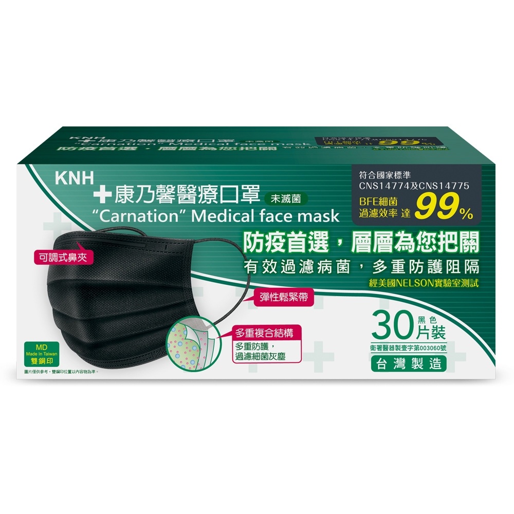 KNH康乃馨醫療口罩 黑色 30片裝 未滅菌 MD雙鋼印 台灣製造