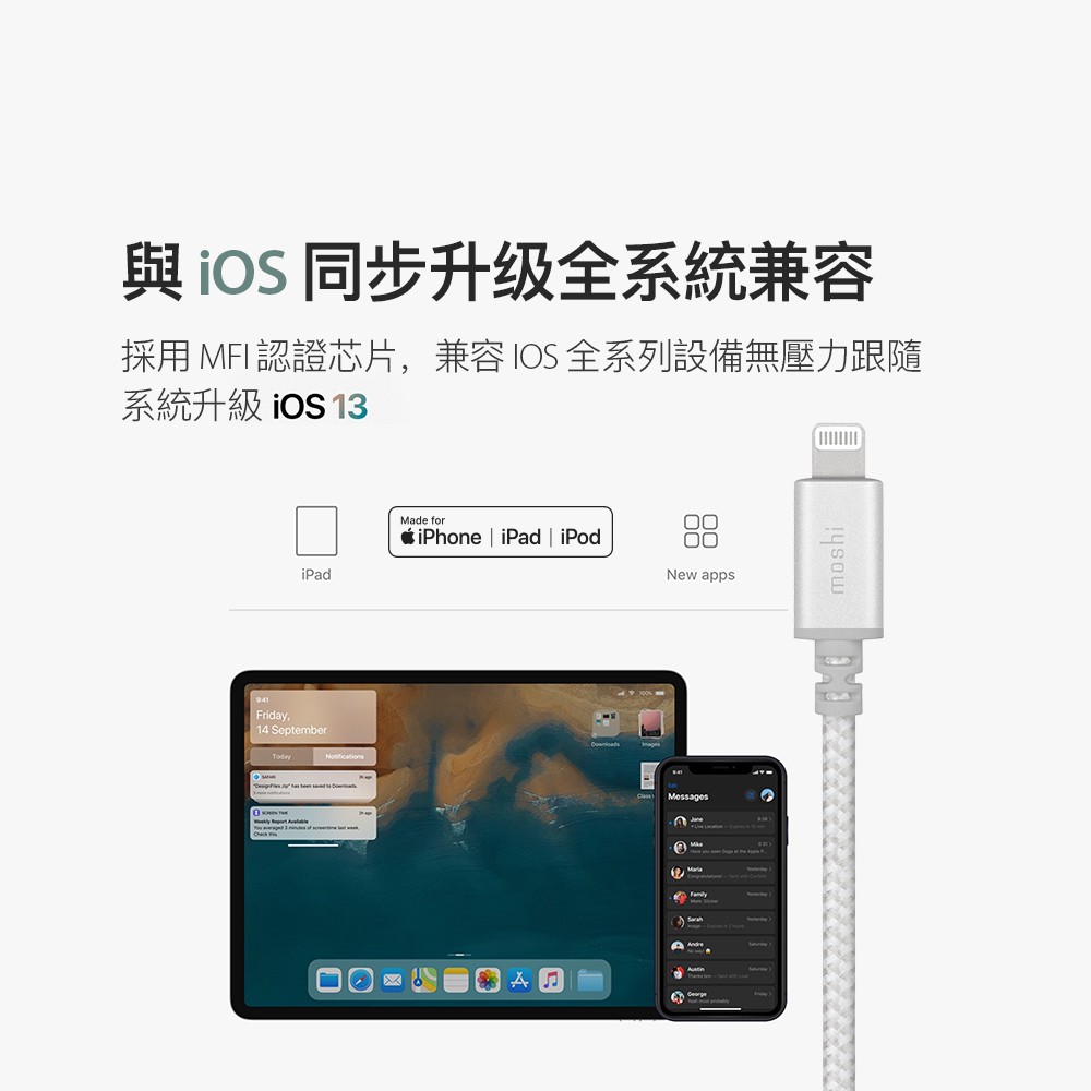 Moshi Integra 強韌系列 Type-C to Lightning Lightning MFi 蘋果認證 PD 快充 iPad 1.2M 充電線, 鈦灰