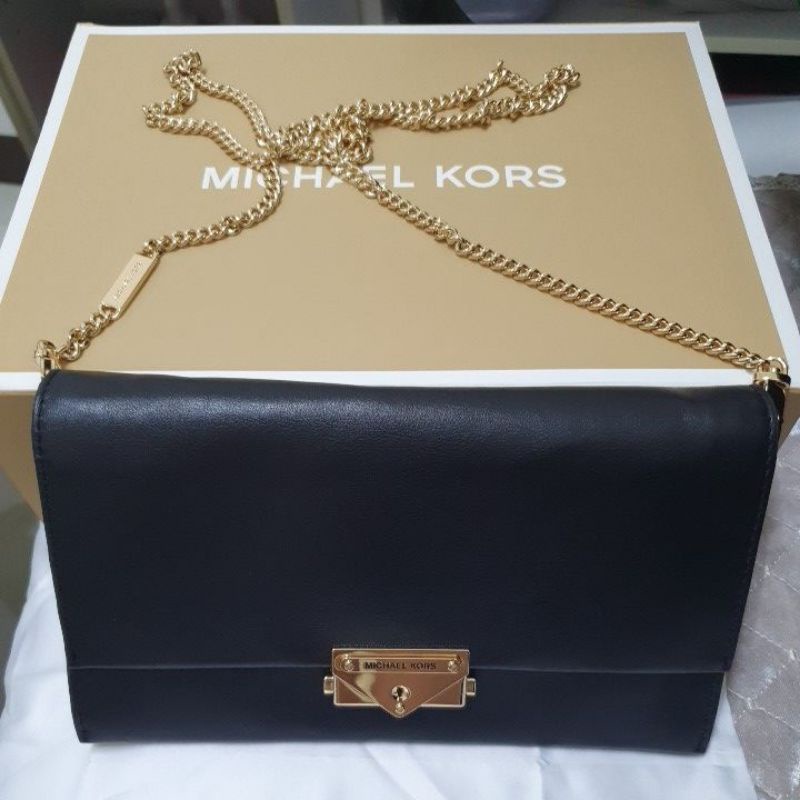 Michael Kors MK 精品 黑色真皮包包 精緻金釦 肩背 鏈包
