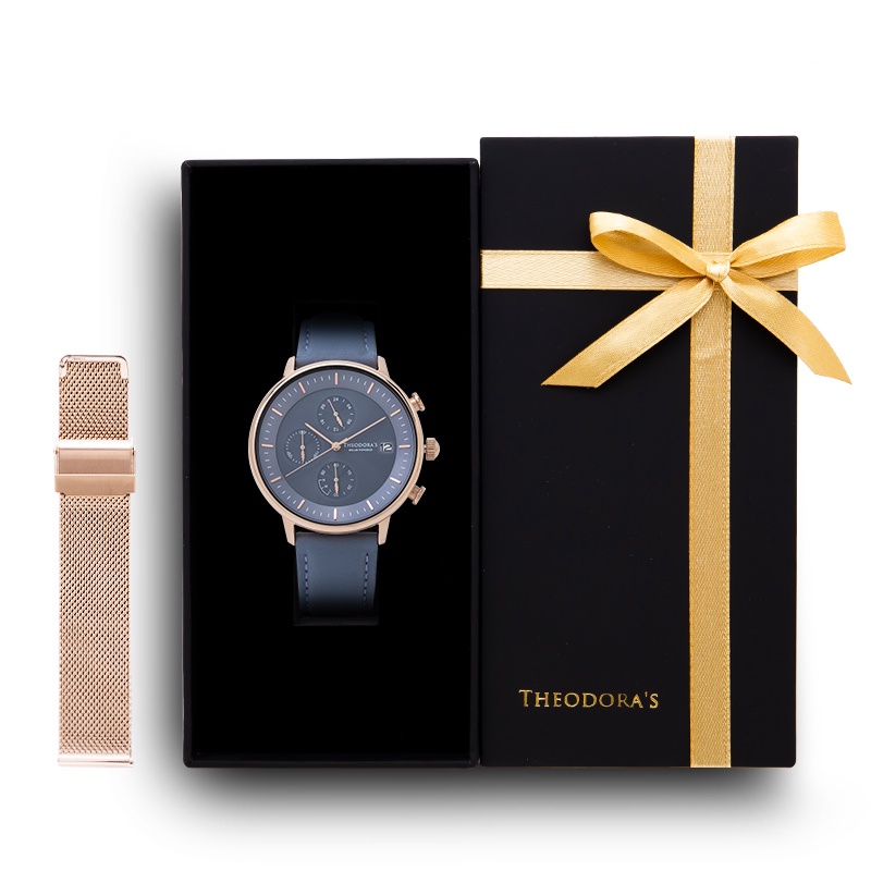 【THEODORA'S】限定禮盒Mercury手錶+替換錶帶2入組-三眼青石藍-真皮青石藍【希奧朵拉】