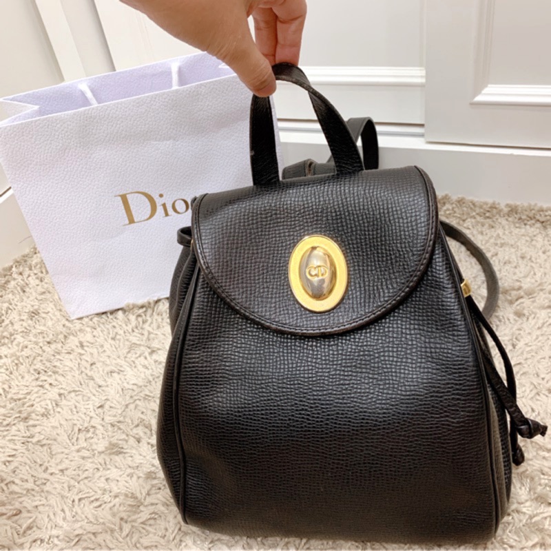 Dior 保證正品 二手 vintage 牛皮大金扣後背包 黑色金扣 復古 老包