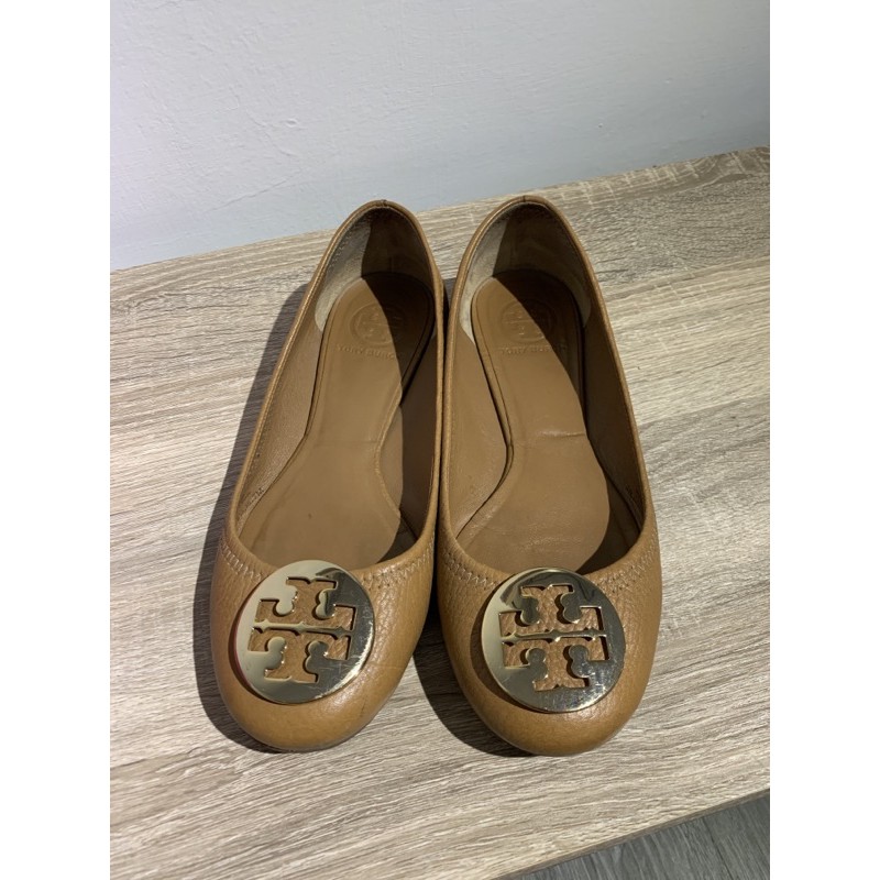 正品 二手 Tory Burch 經典 Logo 真皮平底娃娃鞋  棕黃 尺寸7