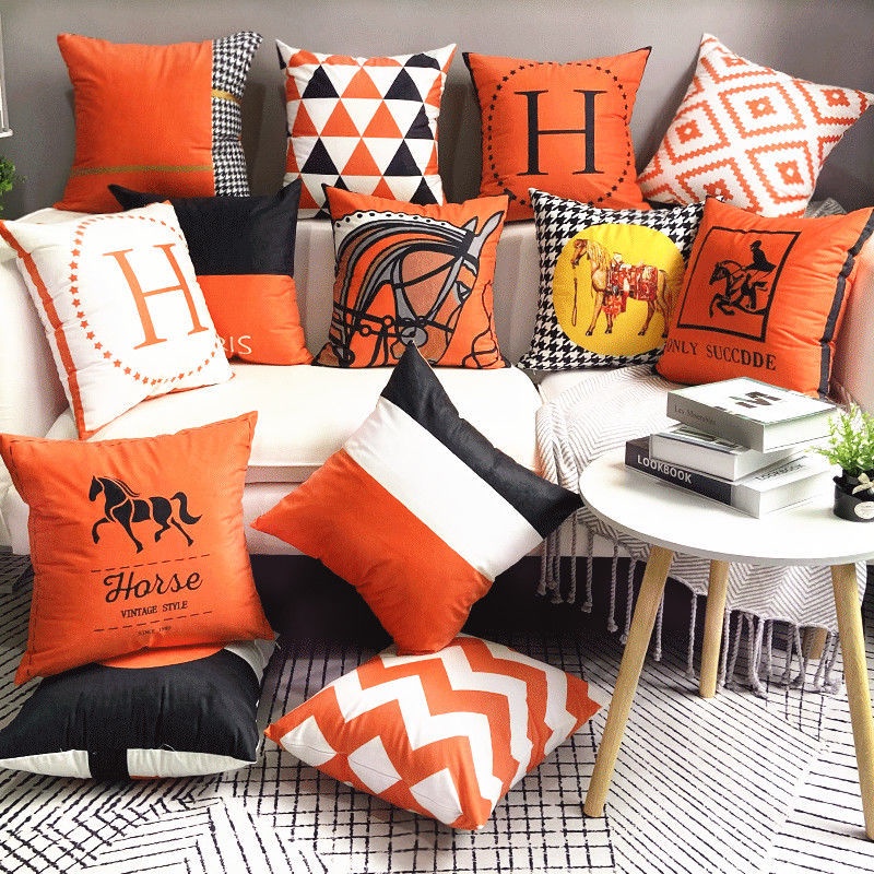 北歐輕奢簡約橙色沙發抱枕靠墊橙紅色幾何靠枕橘色樣板房靠背