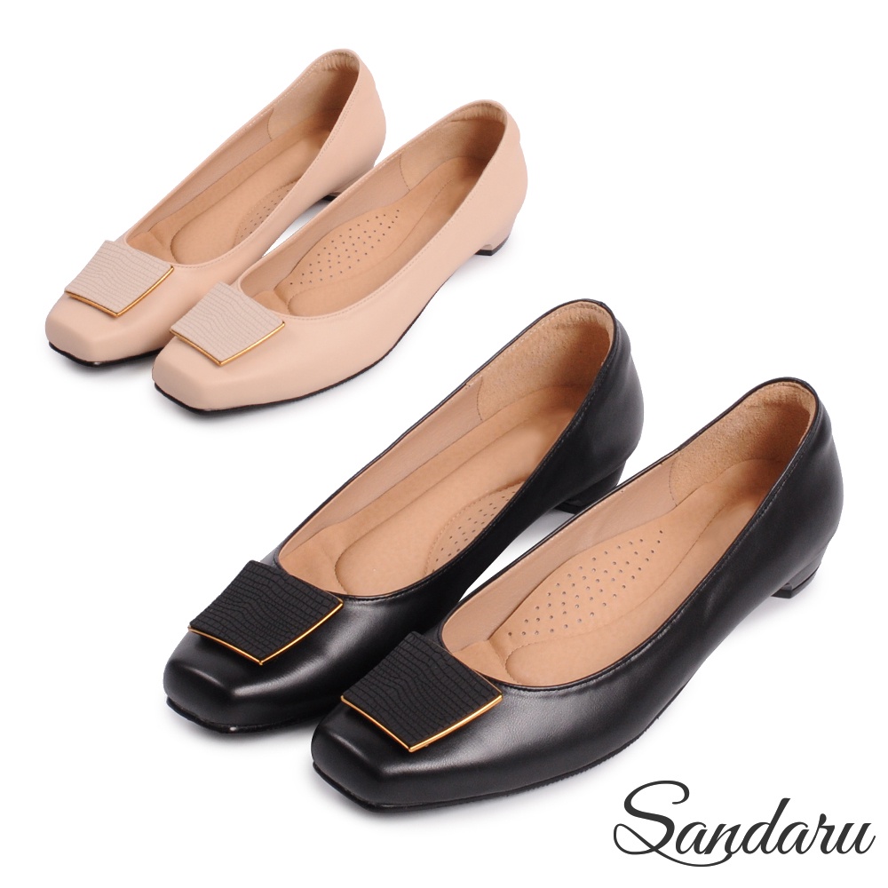 山打努SANDARU-包鞋 壓紋造型真皮墊方頭低跟鞋