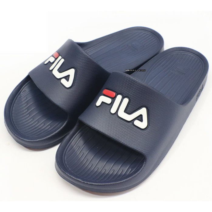 公司正品   版型較小 請參考商品說明 FILA 男..女款鞋面LOGO系列 運動休閒拖鞋 ( 4S355w331深藍)