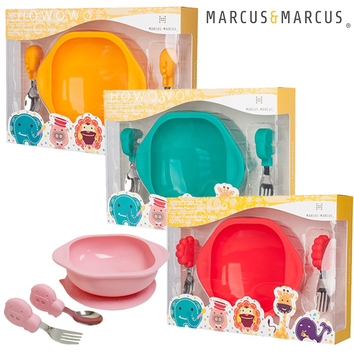 Marcus &amp; Marcus - 動物樂園 矽膠吸盤碗+學習叉匙組 學習餐具 禮盒 116262 好娃娃