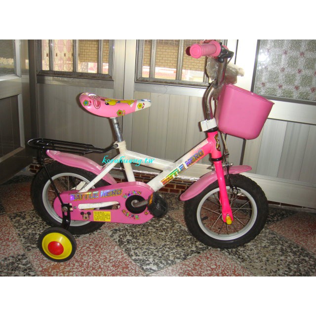 二手 MIT 台灣製造 粉色 輔助輪 兒童 腳踏車 充氣輪胎 安全保護蓋 附前置物籃 鈴鐺 後車架  親子推把 打氣筒