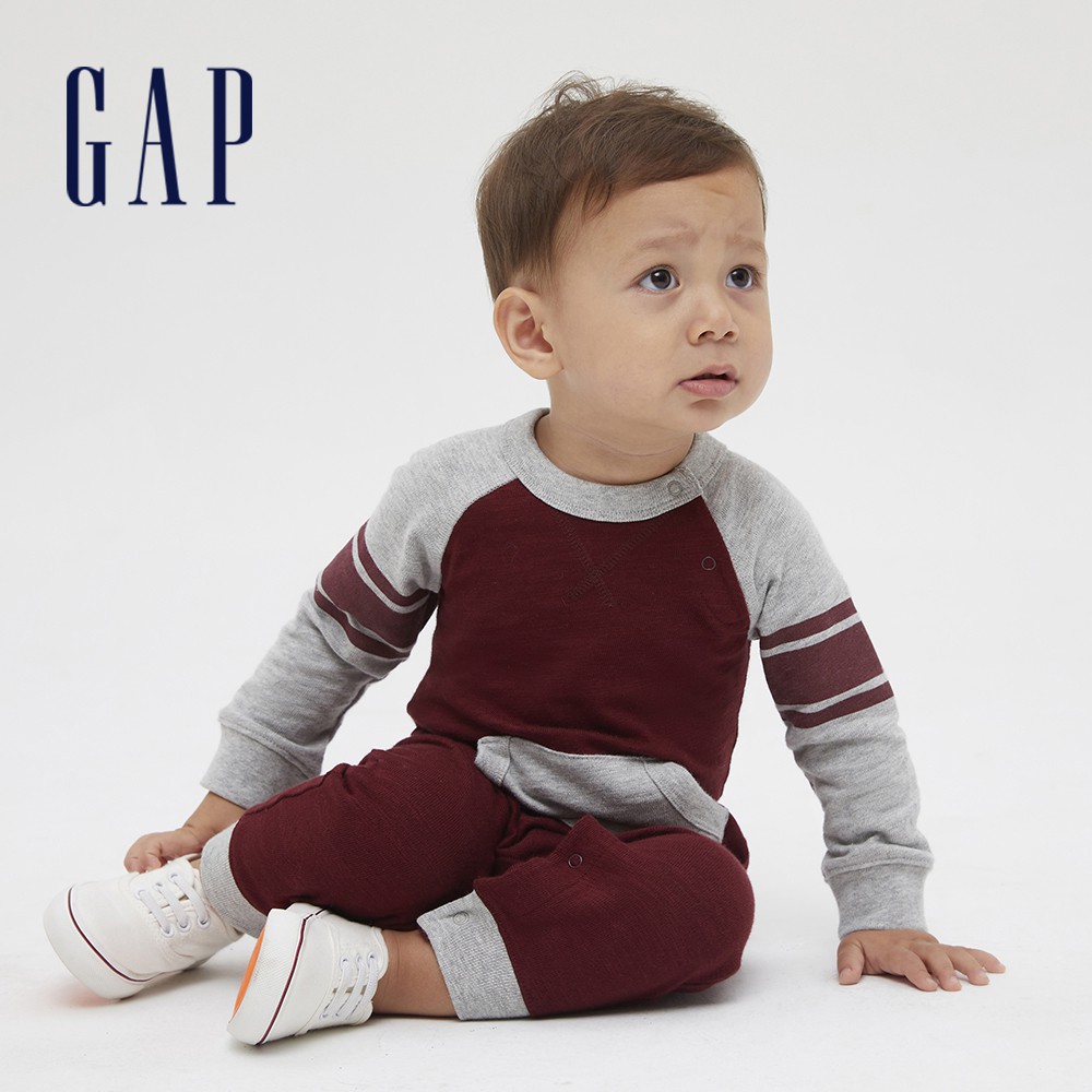 Gap 嬰兒裝 運動撞色圓領長袖包屁衣-暗紅色(599852)
