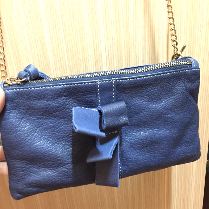 《真皮包》藍色蝴蝶結晚宴包/手拿包/鏈包