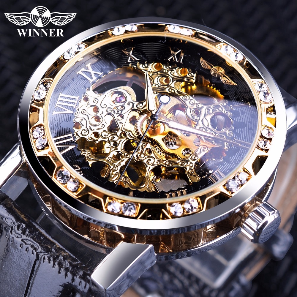 Winner 黑色金色復古夜光指針時尚鑽石顯示男士機械骨架手錶