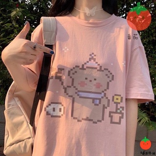 【像素小熊襯衫】夏季2024年新款韓版寬松學生軟妹上衣日系可愛甜美粉色t恤女短袖——番茄小代