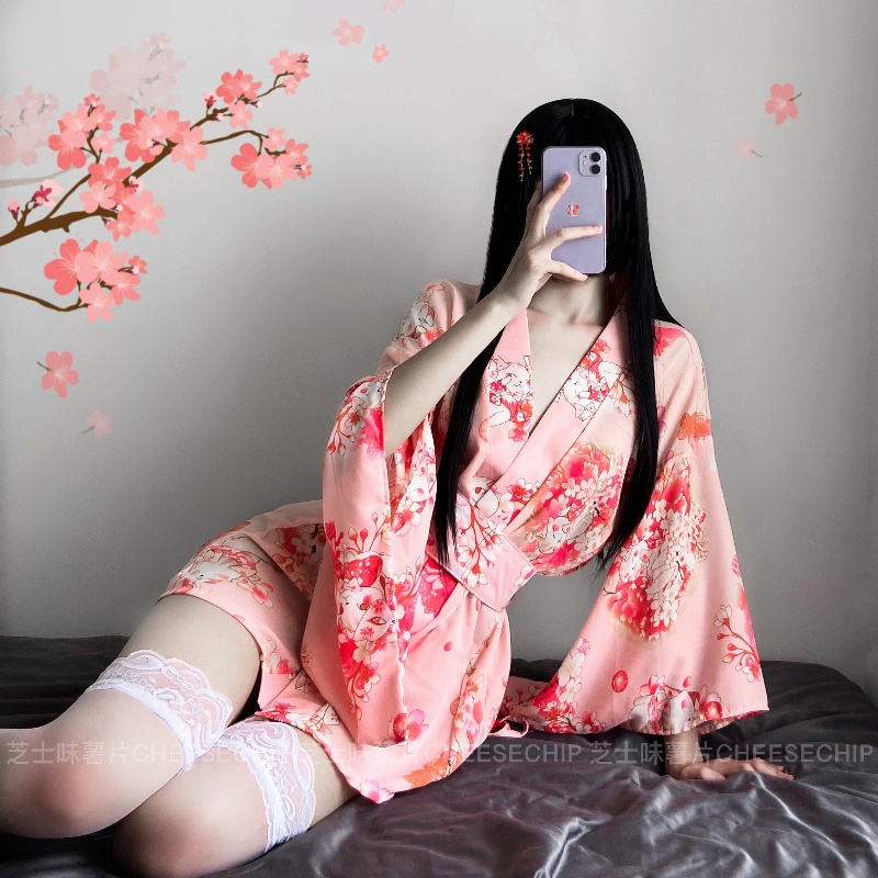 CHEESECHIP ： 粉色 櫻花 睡袍 日式 和服式 溫泉浴袍 日式 碎花 浴衣 夏季浴袍 日式和服
