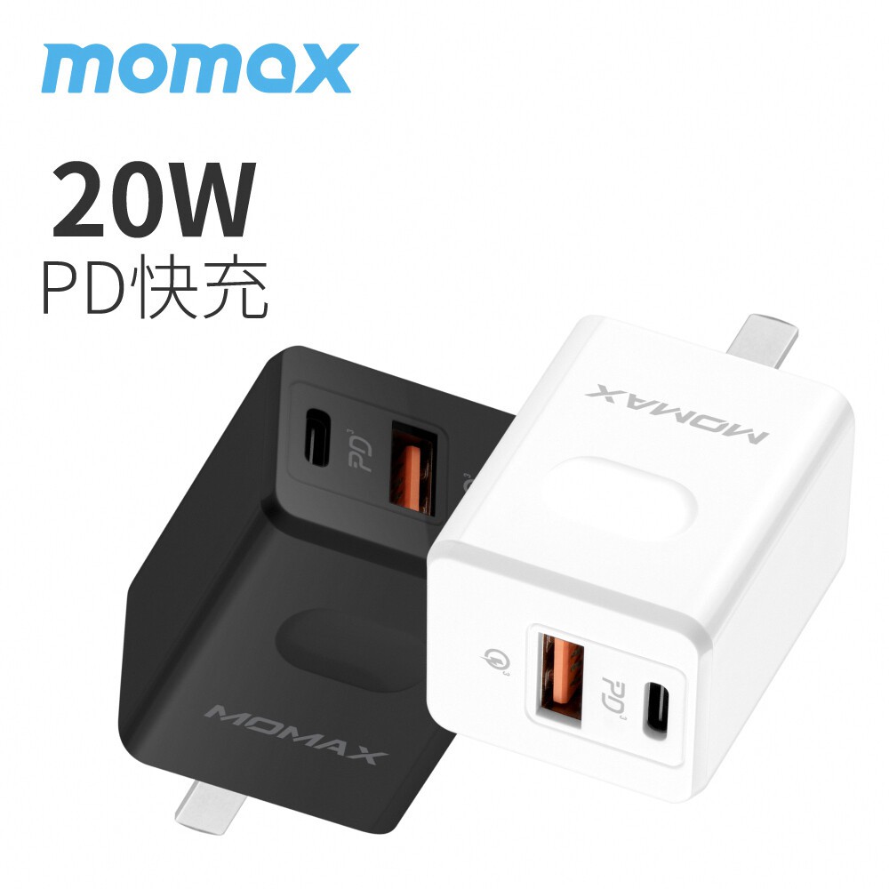 【MOMAX原廠】 ONEPlug USB-C PD 雙孔充電器UM16(20W PD快充, 黑白二色可選)