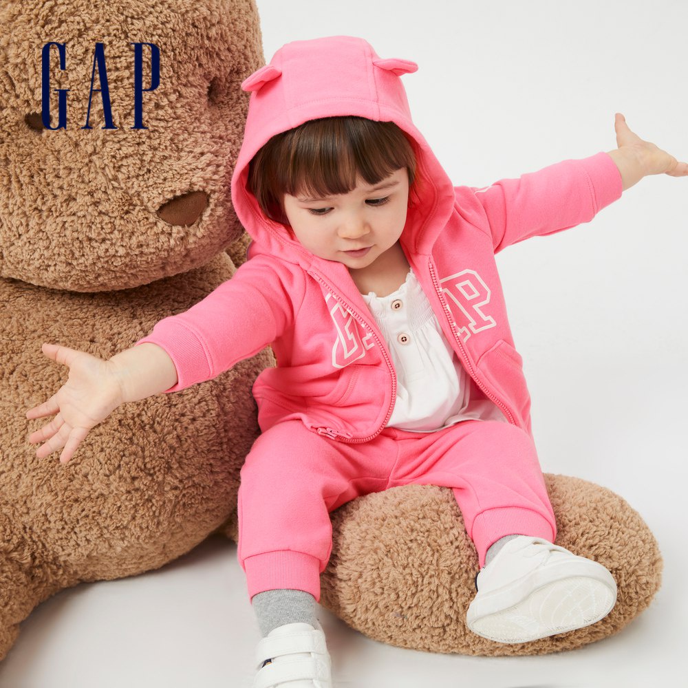 Gap 嬰兒裝 Logo熊耳連帽外套 碳素軟磨法式圈織系列-粉色(819745)