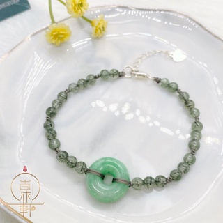 【古沐軒】✨天然緬甸翡翠玉✨ 平安扣 冰種翡翠 綠髮晶 手工編織金剛結 手鍊 天然水晶