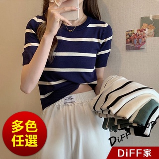 【DIFF】韓版圓領條紋顯瘦針織上衣 短袖上衣 短袖t恤 女裝 顯瘦上衣 衣服 寬鬆上衣【T457】