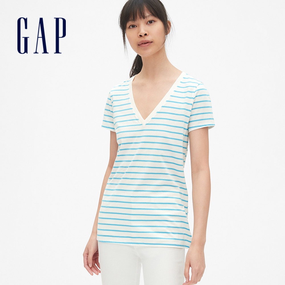 Gap 女裝 條紋V領短袖T恤-藍色條紋(440753)