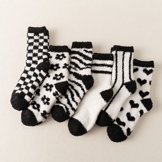 情侶襪 日系黑白系列 珊瑚絨女襪 條紋格子 保暖地板襪 加厚不易掉毛 睡眠襪