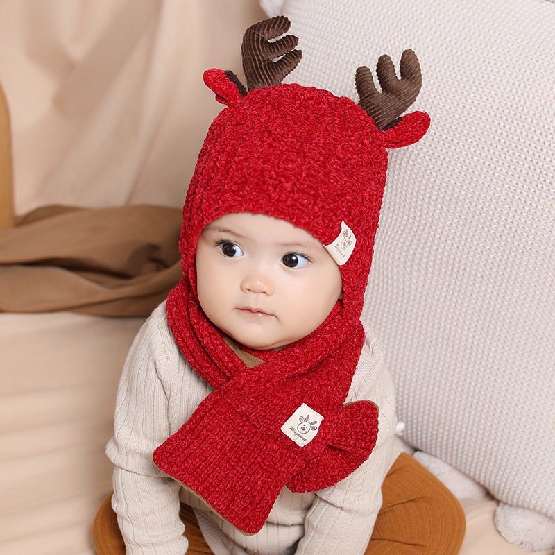 寶寶冬季帽子 保暖加厚針織帽 童帽 毛線帽+圍巾二件 套裝（1-2歲）【ZJA024】護耳帽冬帽嬰兒帽